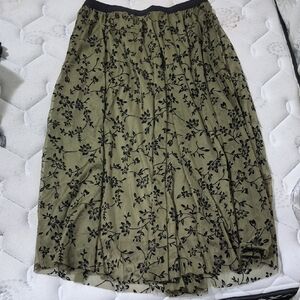 Olive Green Floral A-Line Skirt